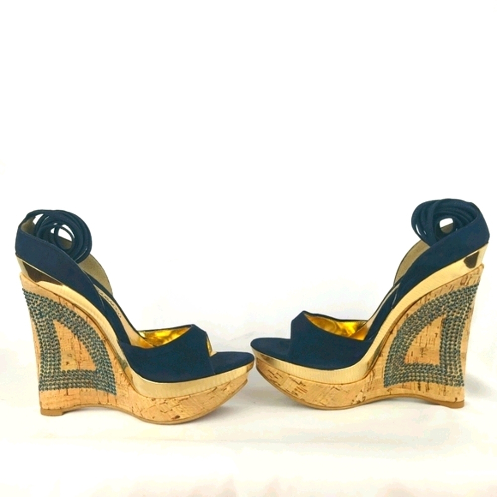 FRANCESCO SACCO Leather Swarovski Cork Wedge Platform Wrap Sandals EU37